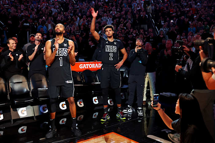 Brooklyn Nets forward Mikal Bridges (1) and forward Cameron Johnson (2)